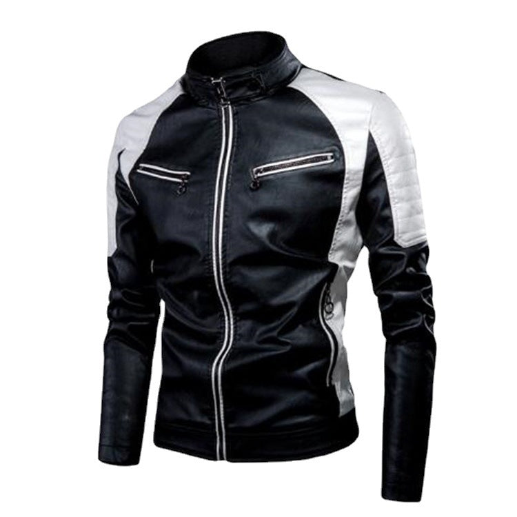 Men's Slim-Fit Faux Leather Moto Jacket in Retro Racer Design with Padded Shoulder Inserts and Zipper Details Chichicherry