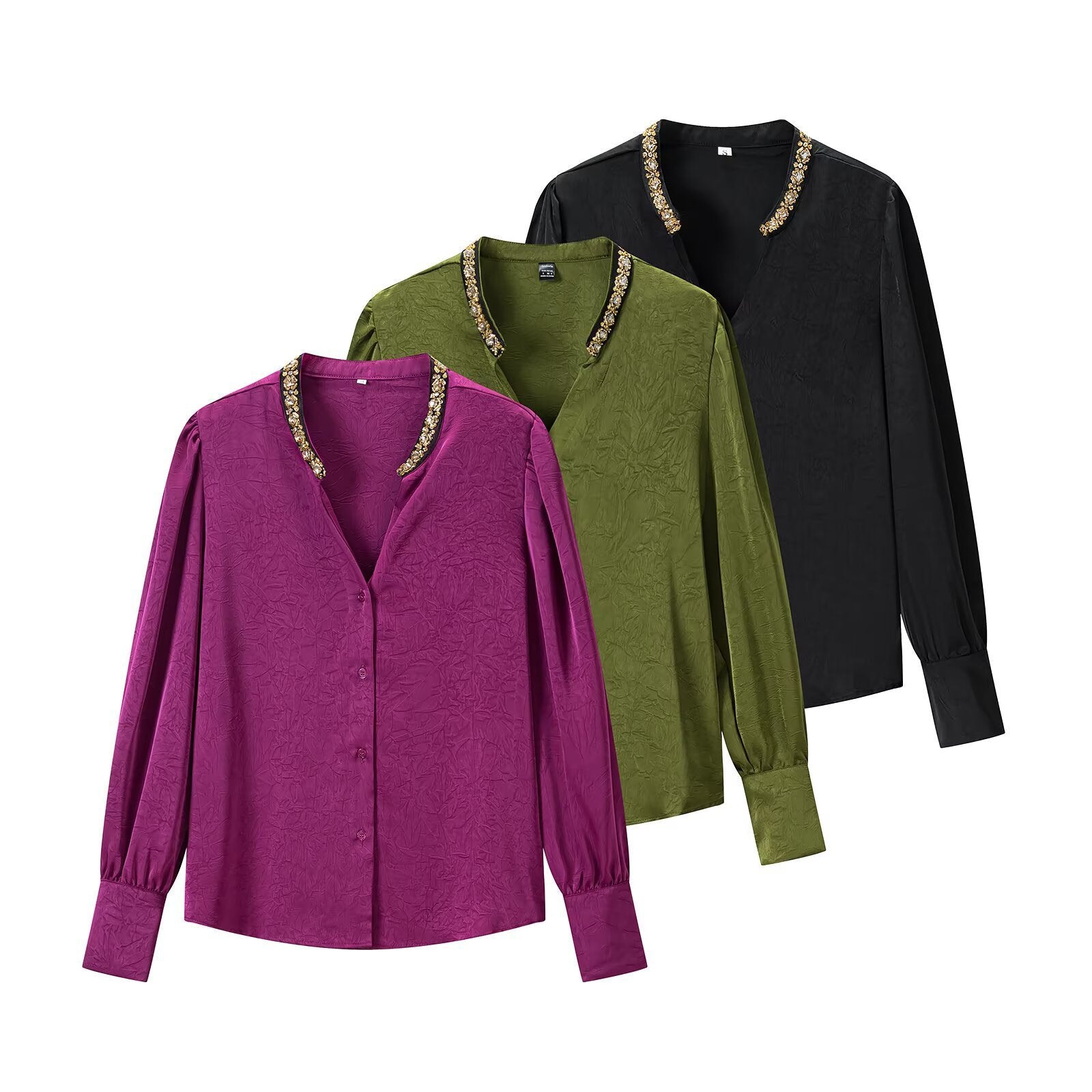Women's Shimmering Blouse with Decorated Jewelry Collar and Gathered Balloon Sleeves Chichicherry