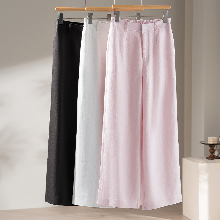 Women Lightweight High Waist Wide Leg Pants made of Linen Blend with Elastic Back Band Chichicherry