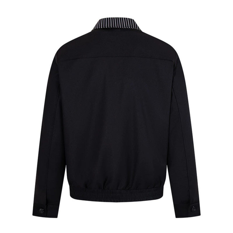 Men's short-cut blouson jacket with striped inner collar, concealed two-way zipper, and elastic hem Chichicherry