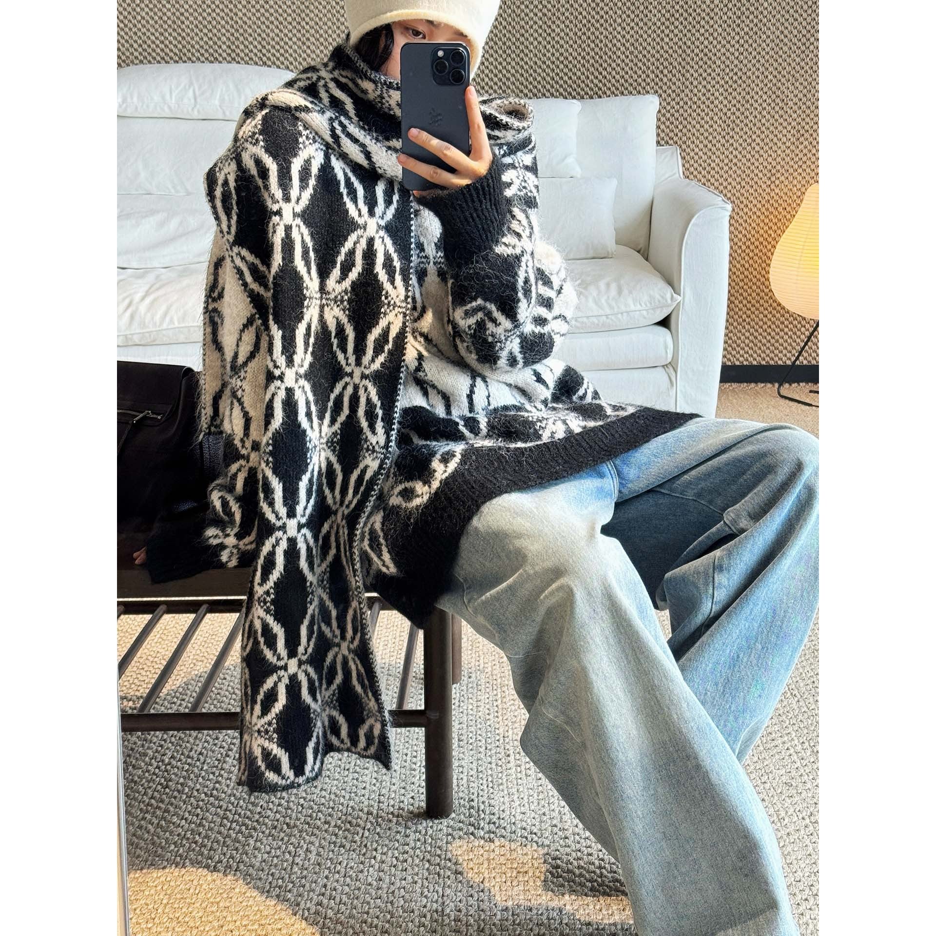 Women Oversize Mohair Look Knit Cardigan with Allover Jacquard Pattern Chichicherry