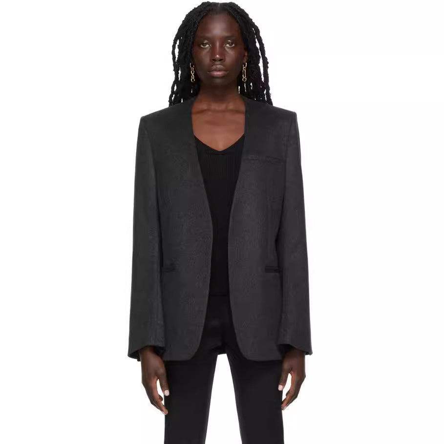Women Collarless Long Blazer with Open Fall and Cape Effect Chichicherry