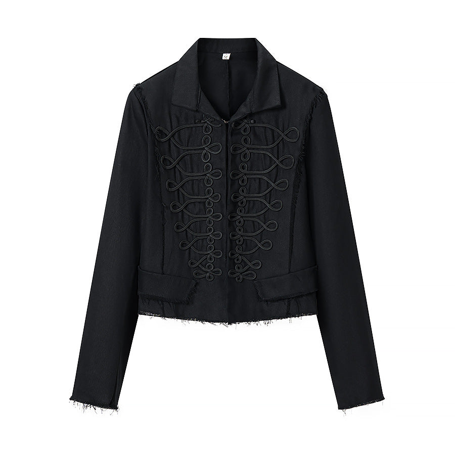 Women Tailored Short Blazer with Stand Collar and Decorative Cord Decoration Chichicherry