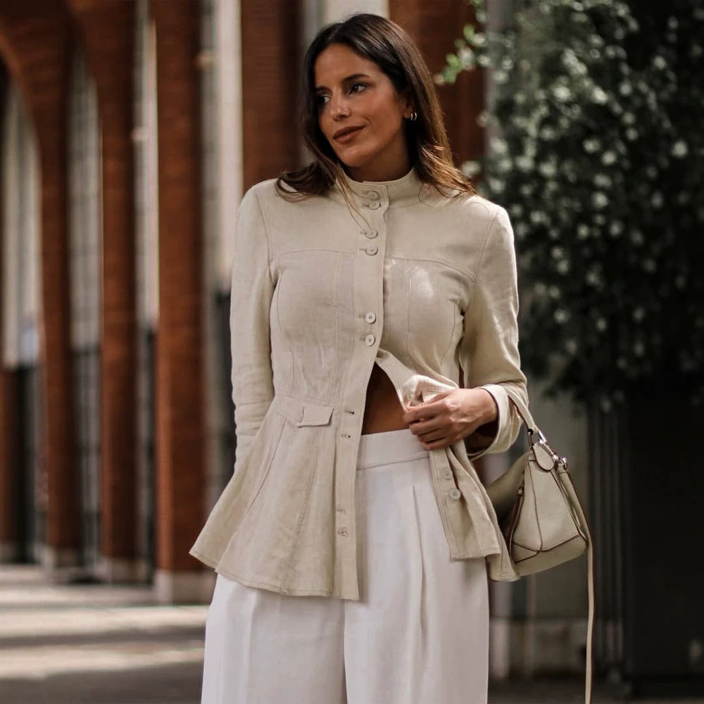 Women Tailored Linen Blazer with Stand Collar and Flouncing Peplum Chichicherry