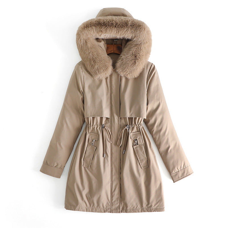 Women's mid-length water-repellent parka with voluminous faux fur collar, waistband drawstring, and multifunctional flap pockets Chichicherry