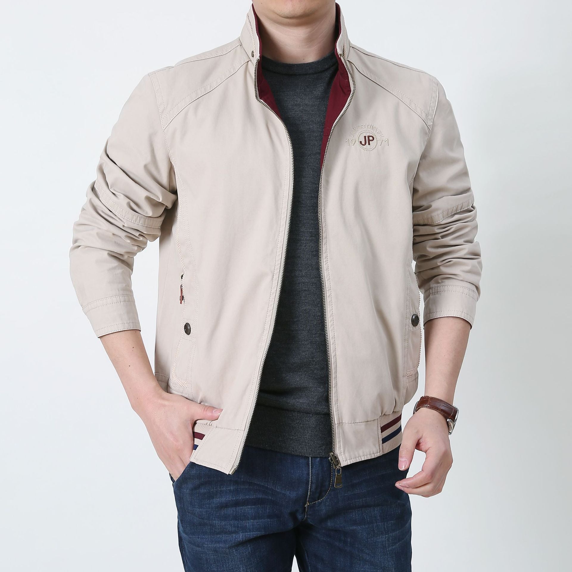 Men's transitional field jacket made of waxed canvas with stand-up collar and concealed zipper Chichicherry