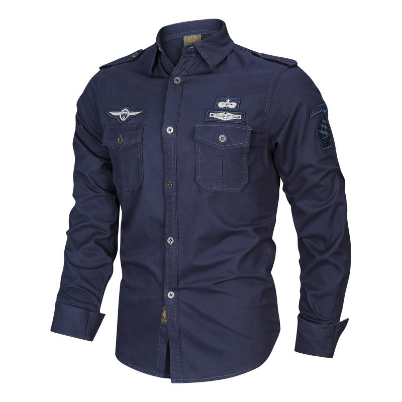 Men's military shirt with shoulder epaulets, applied chest pockets, and badge applications Chichicherry