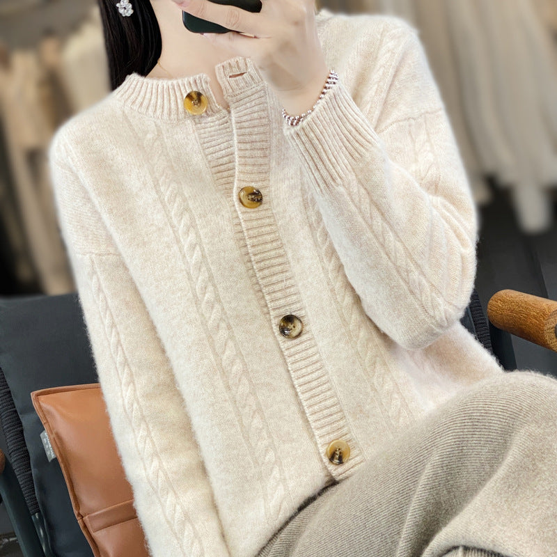 Women's Cashmere-like Cable Knit Cardigan with Round Neck and Horn Look Buttons Chichicherry