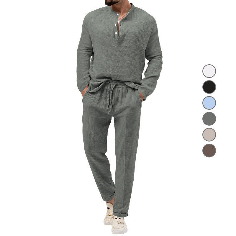 Men's Casual Two-Piece Lounge Set made of Cotton Gauze with Henley Top and Drawstring Pants Chichicherry