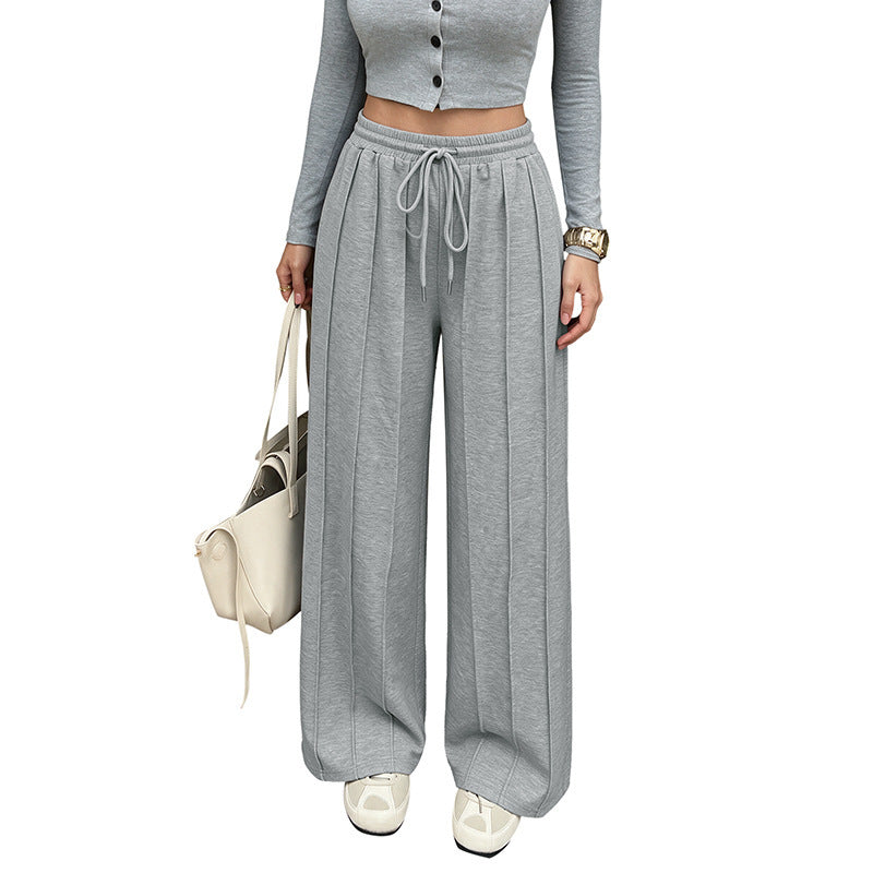 Women Wide High-Waist Loungewear Pants with Pleats and Drawstring Chichicherry