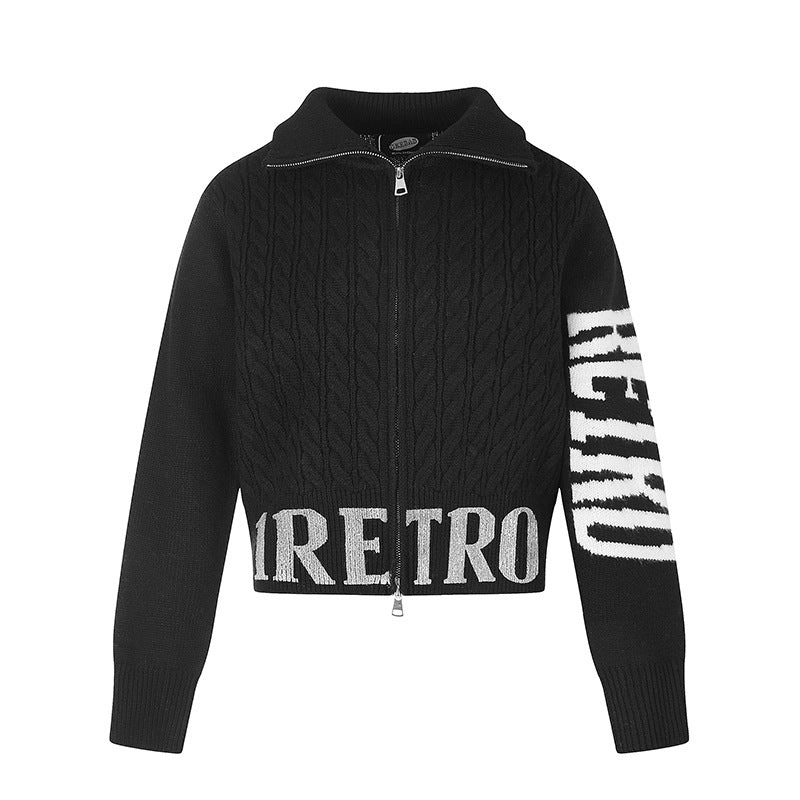 Women's Short Cable Knit Cardigan with Stand-up Collar, Full-Length Zipper and Typo Hem Chichicherry