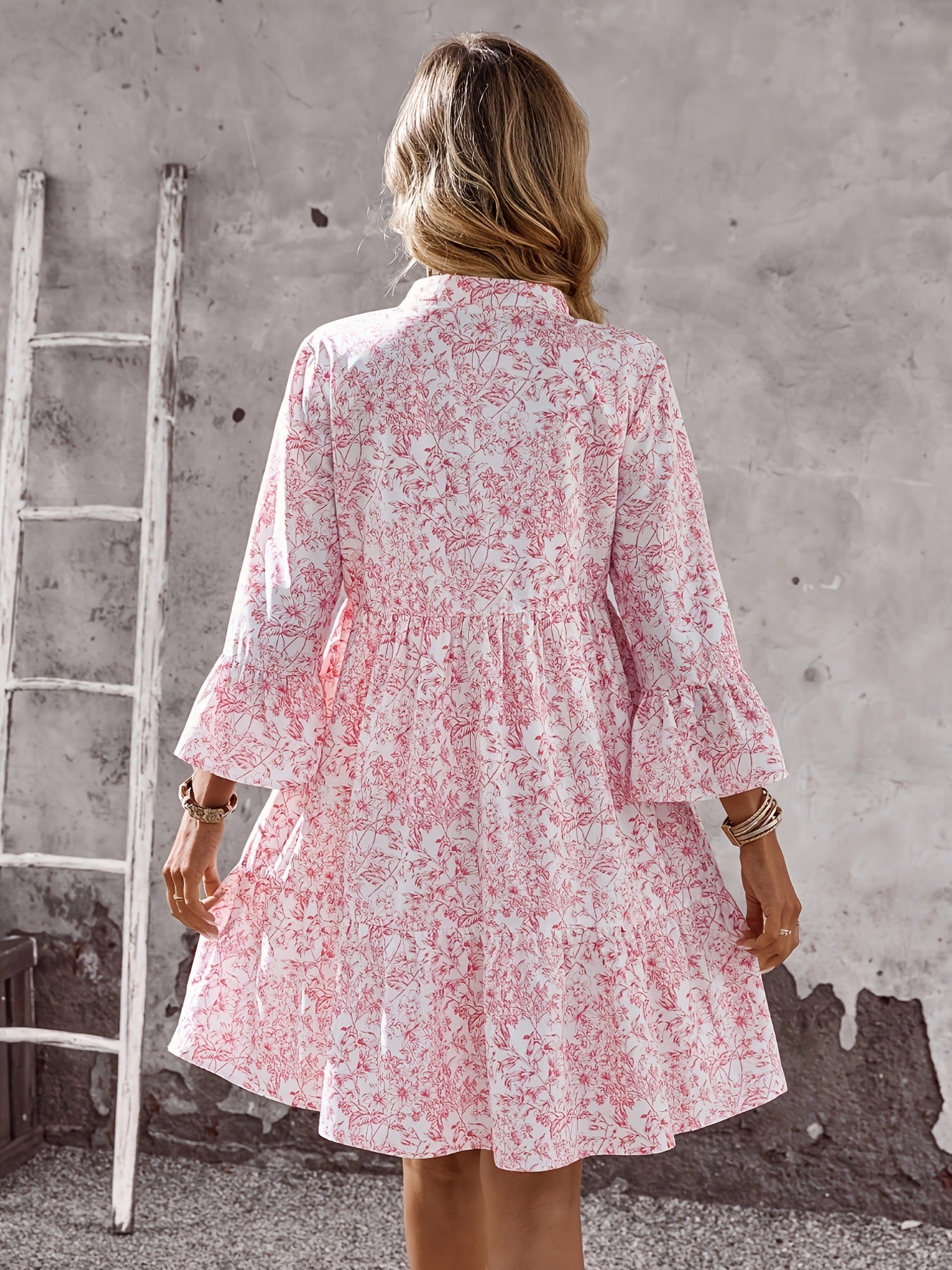 Women Light Viscose Tunic Dress with Floral Print V-Neck and Ruffle Sleeves Chichicherry