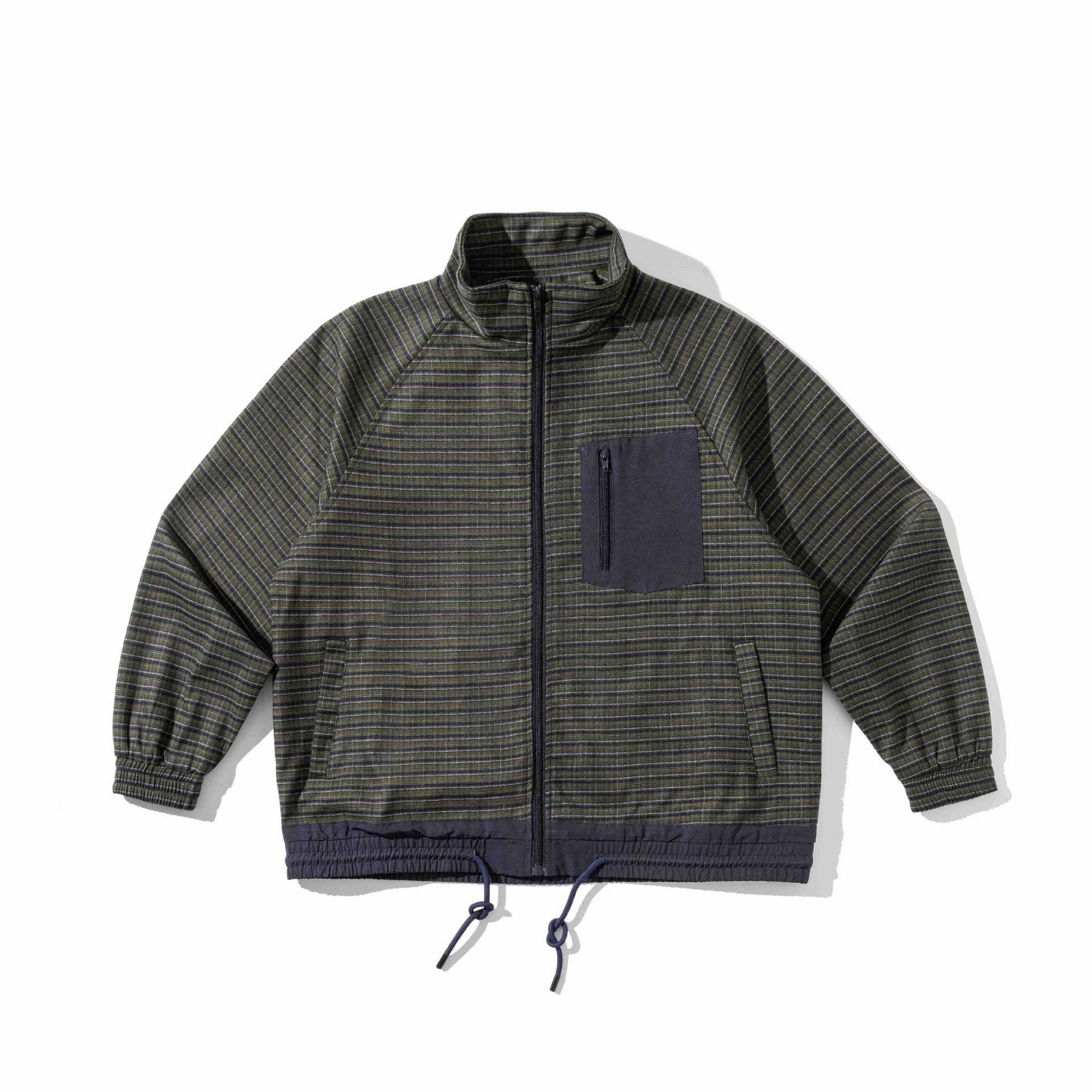 Unisex Striped Utility Training Jacket with Stand-Up Collar, Chest Zipper Pocket and Drawstring Chichicherry