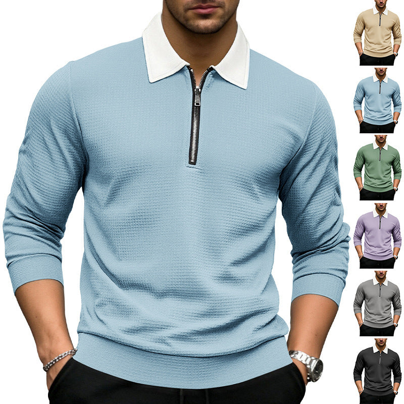 Men's Elegant Waffle Structure Polo Shirt with Half Zip and Contrast Collar Chichicherry