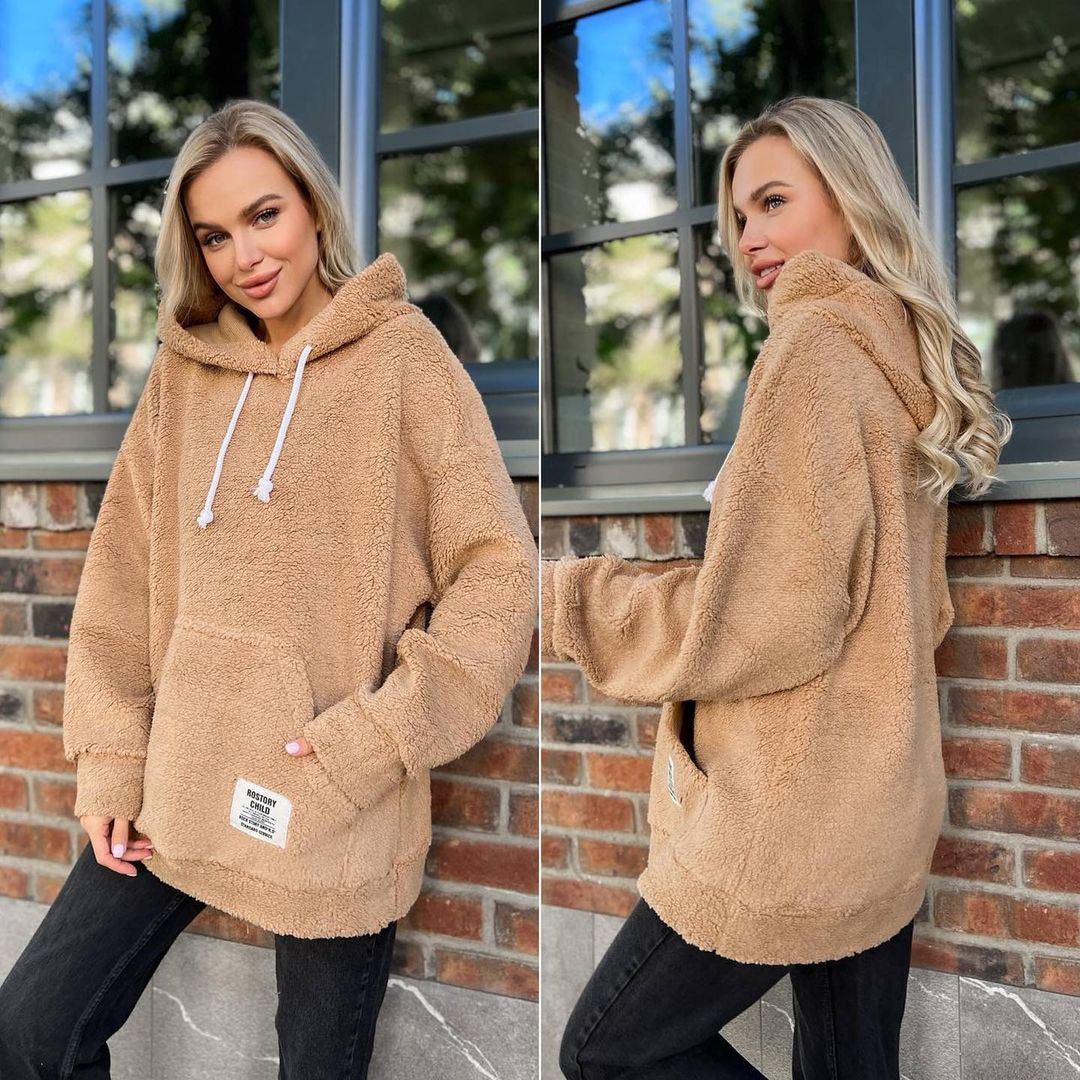 Damen Kuscheliger Teddy-Hoodie mit Kapuze, Kängurutasche und Oversize-Schnitt Chichicherry