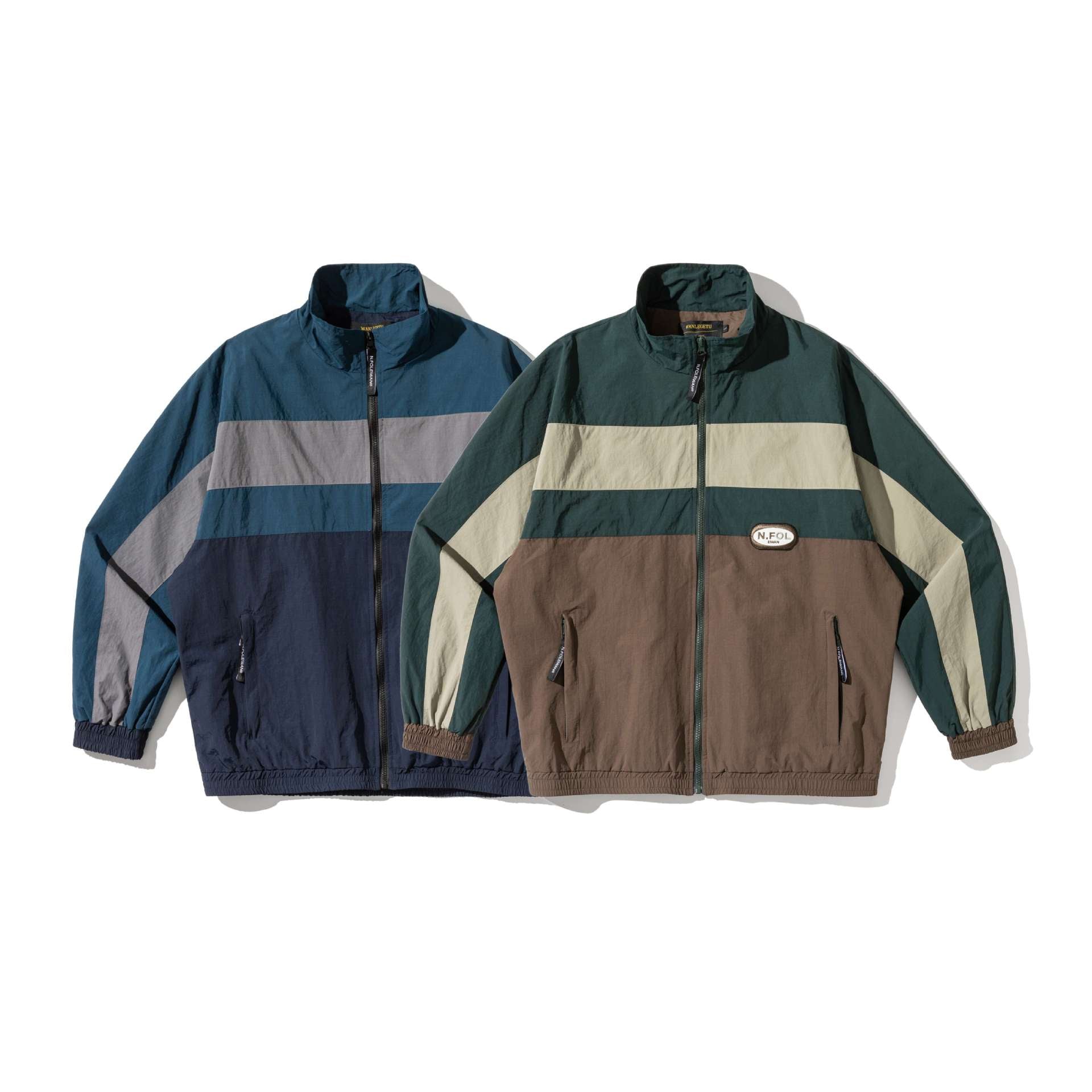 Unisex Lightweight Colorblock Windbreaker Jacket with Stand-up Collar and Elastic Cuffs Chichicherry