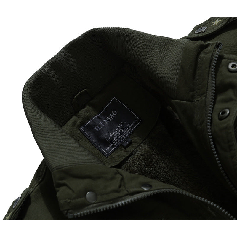 Men's Canvas Field Jacket in Utility Style with Warming Fleece Lining and Shoulder Patches Chichicherry