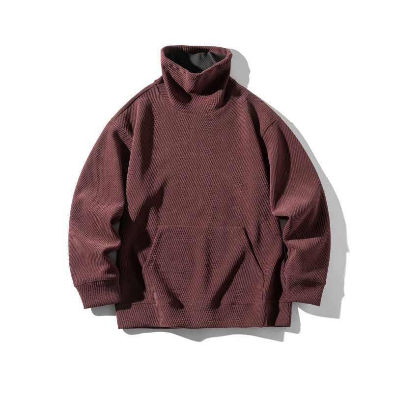 Unisex Oversize Waffle Structure Half Roll Neck Sweatshirt with Kangaroo Pocket Chichicherry