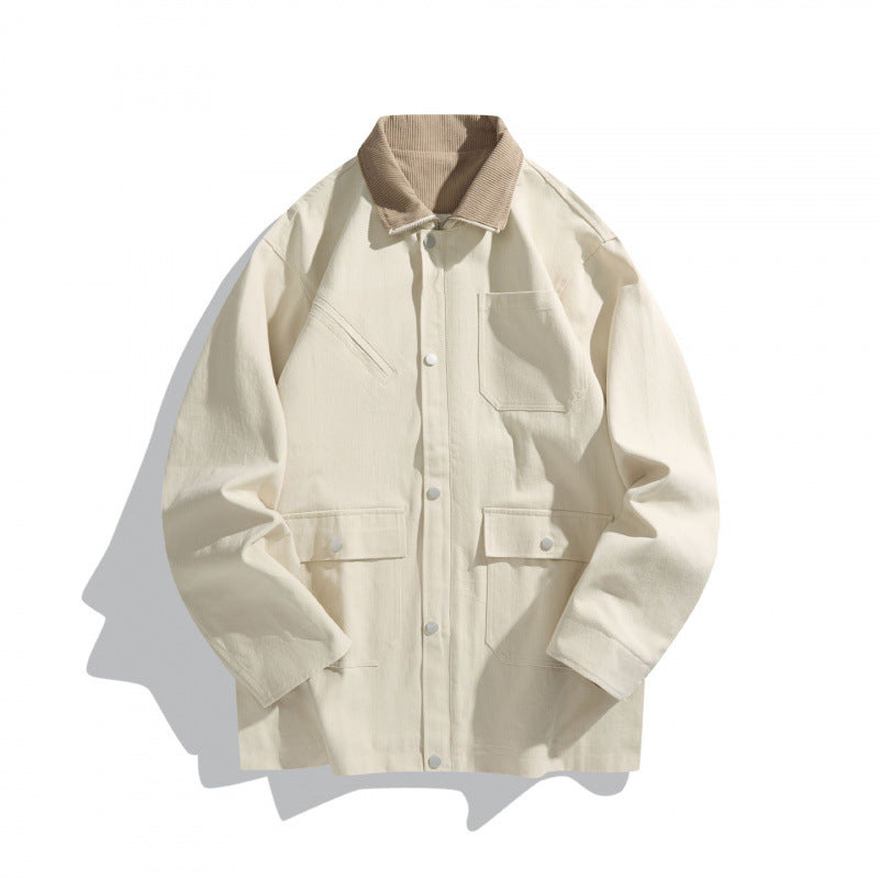 Unisex Boxy Canvas Field Jacket with Contrast Cord Collar and Utility Pockets Chichicherry