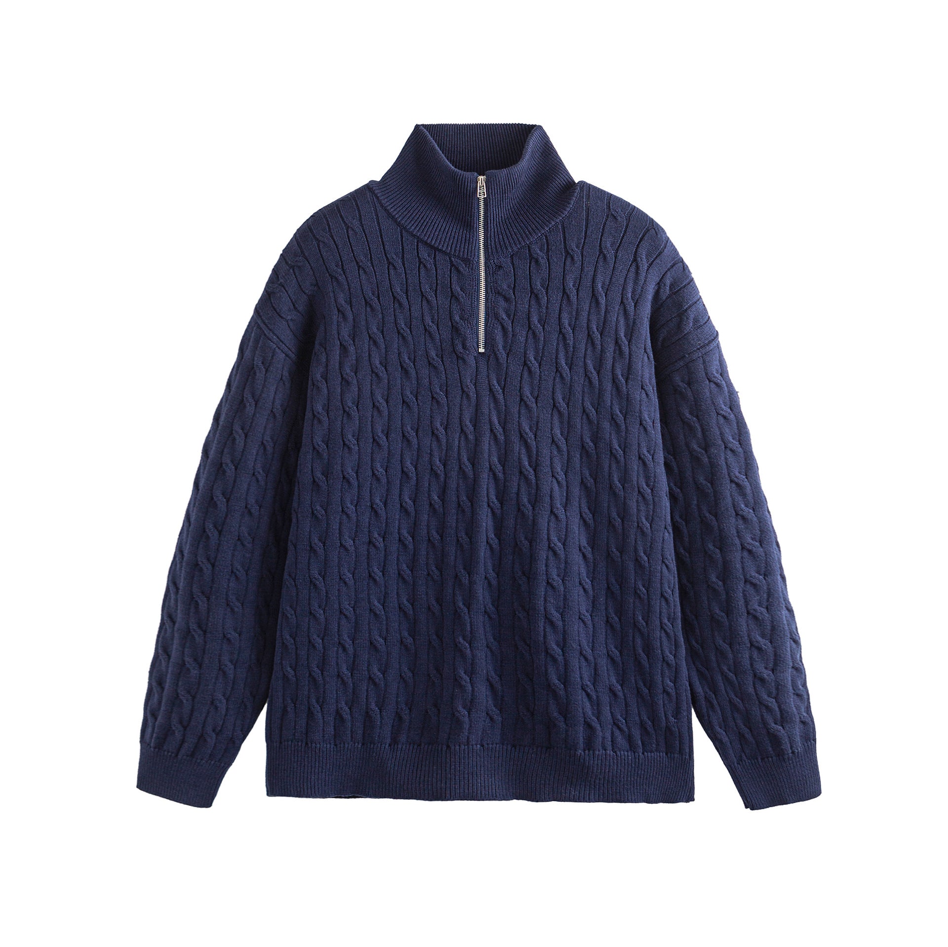 Unisex Thick Knit Cable Pattern Sweater with Half Zip and High Ribbed Collar Chichicherry