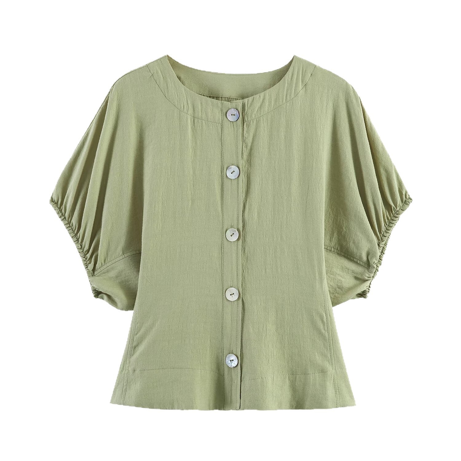 Women Light Linen Look Blouse with Button Placket and Gathered Batwing Sleeves Chichicherry