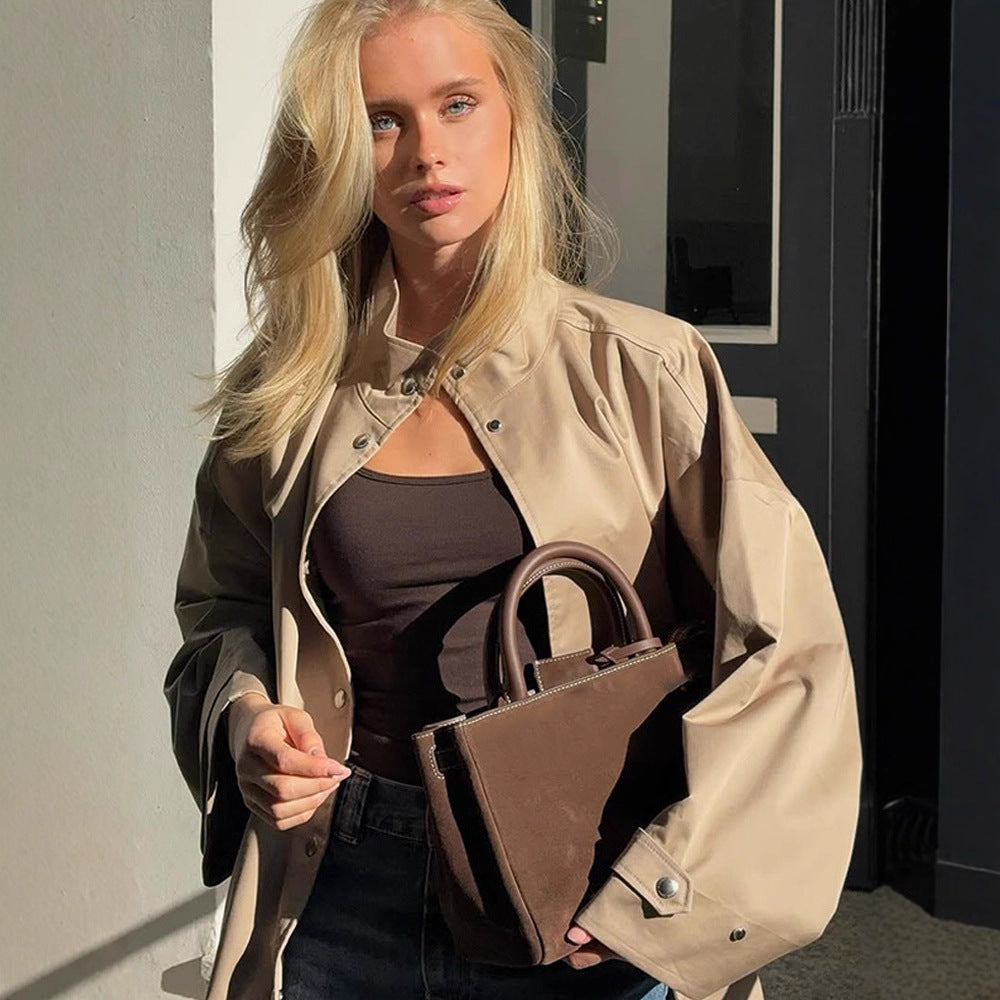 Women's oversized short coat in trench look with boxy silhouette and concealed snap button placket Chichicherry