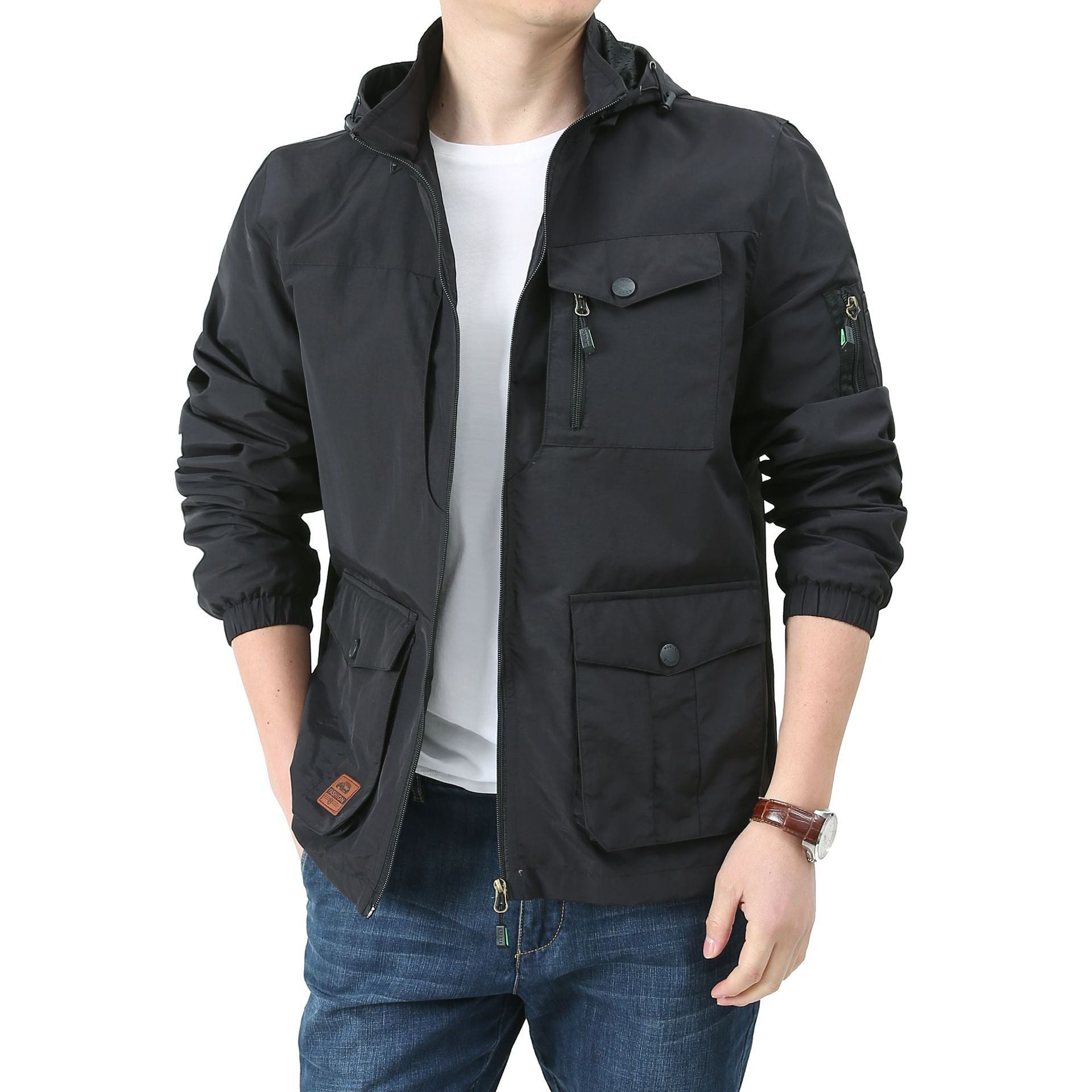 Men's Urban-Utility Field Jacket with Hood, Multiple Pockets and Elastic Cuffs Chichicherry