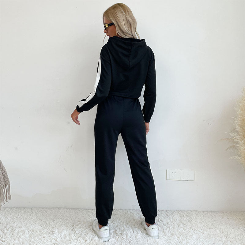 Women's Cropped Hoodie and High-Waist Jogging Pants Set with Sporty Side Stripes Chichicherry