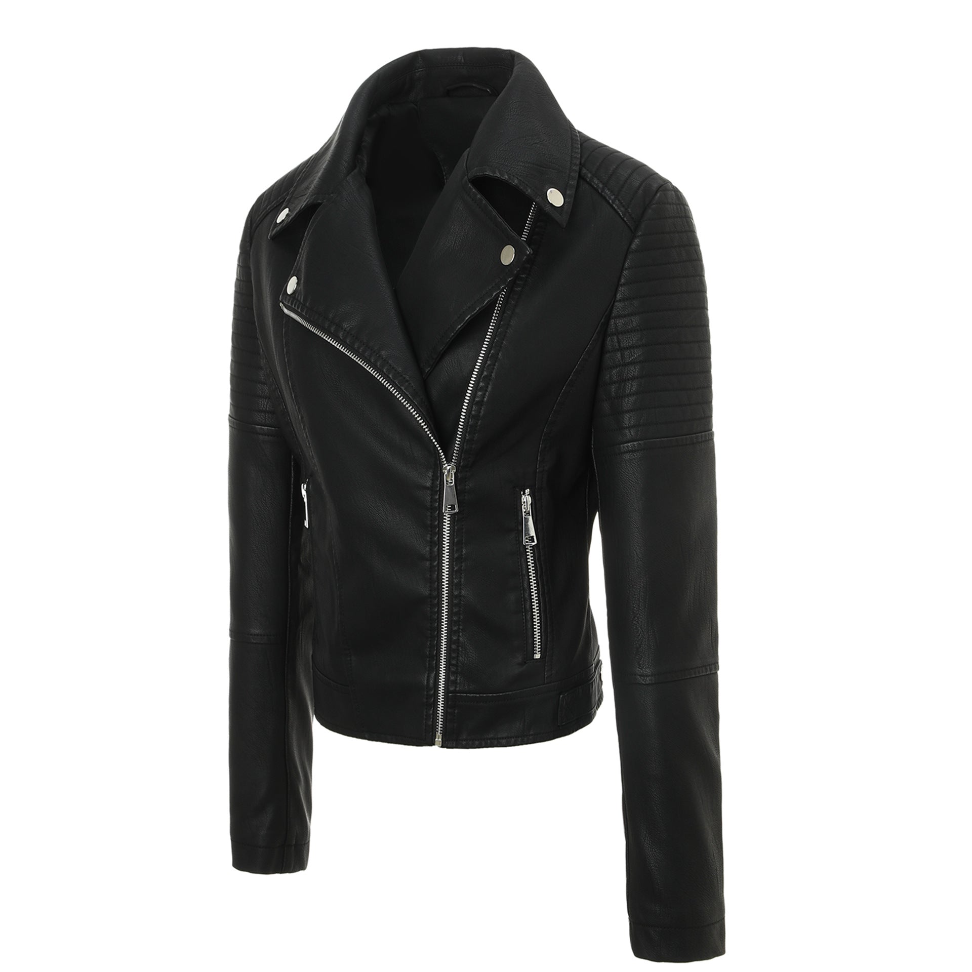 Ladies Tailored Biker Jacket made of Leatherette with Quilted Shoulder Area and Asymmetrical Zipper Chichicherry