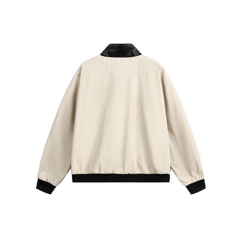 Unisex Short Cut Boxy Bomber Jacket with Contrast Collar and Large Flap Pockets Chichicherry