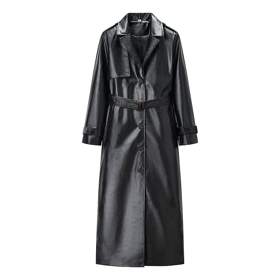 Women Longer Faux Leather Trench Coat with Waist Belt and Epaulettes Chichicherry