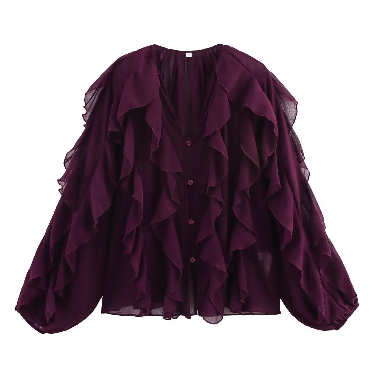 Women's Ruffle Chiffon Blouse with Layered Ruffles and Wide Balloon Sleeves Chichicherry