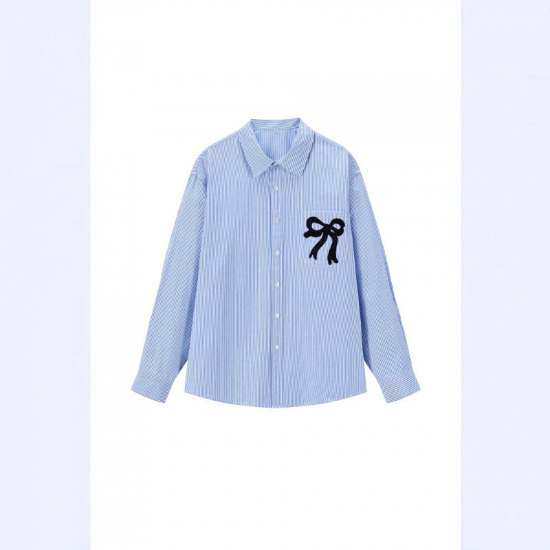 Women Oversize Casual Shirt with fine pinstripe and decorative bow application Chichicherry