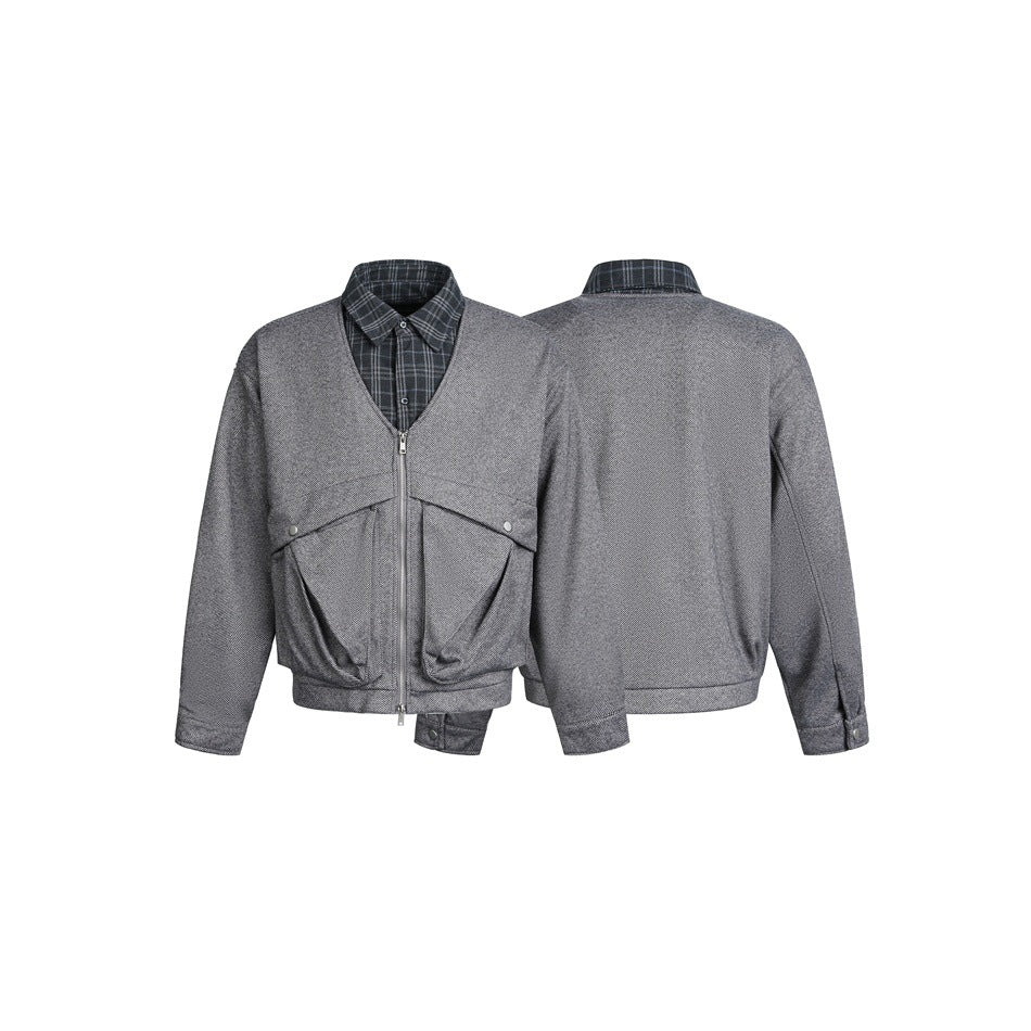 Men's short-cut layered bomber jacket with V-neck and flap pockets Chichicherry