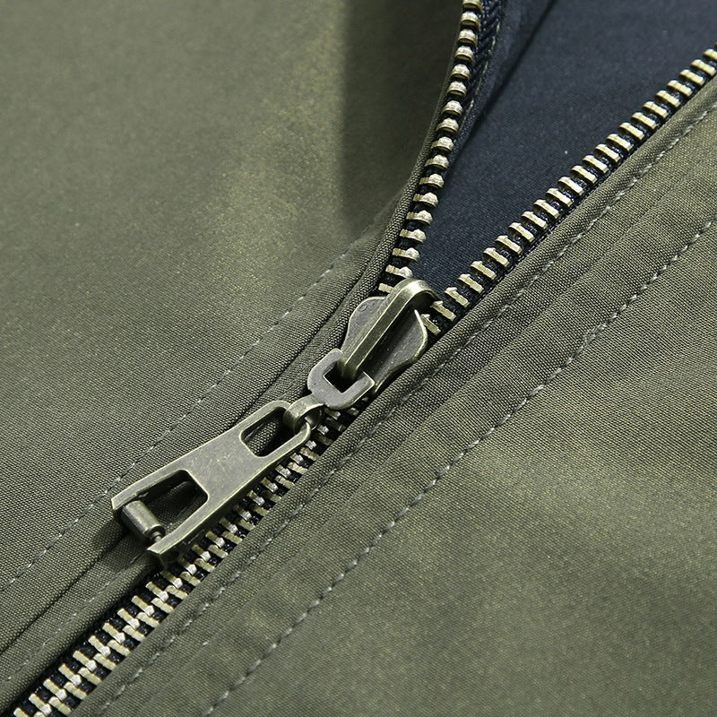 Men's Lightweight Bomber Jacket in Urban Utility Look with Striped Ribbed Cuffs & Zipper Pockets Chichicherry