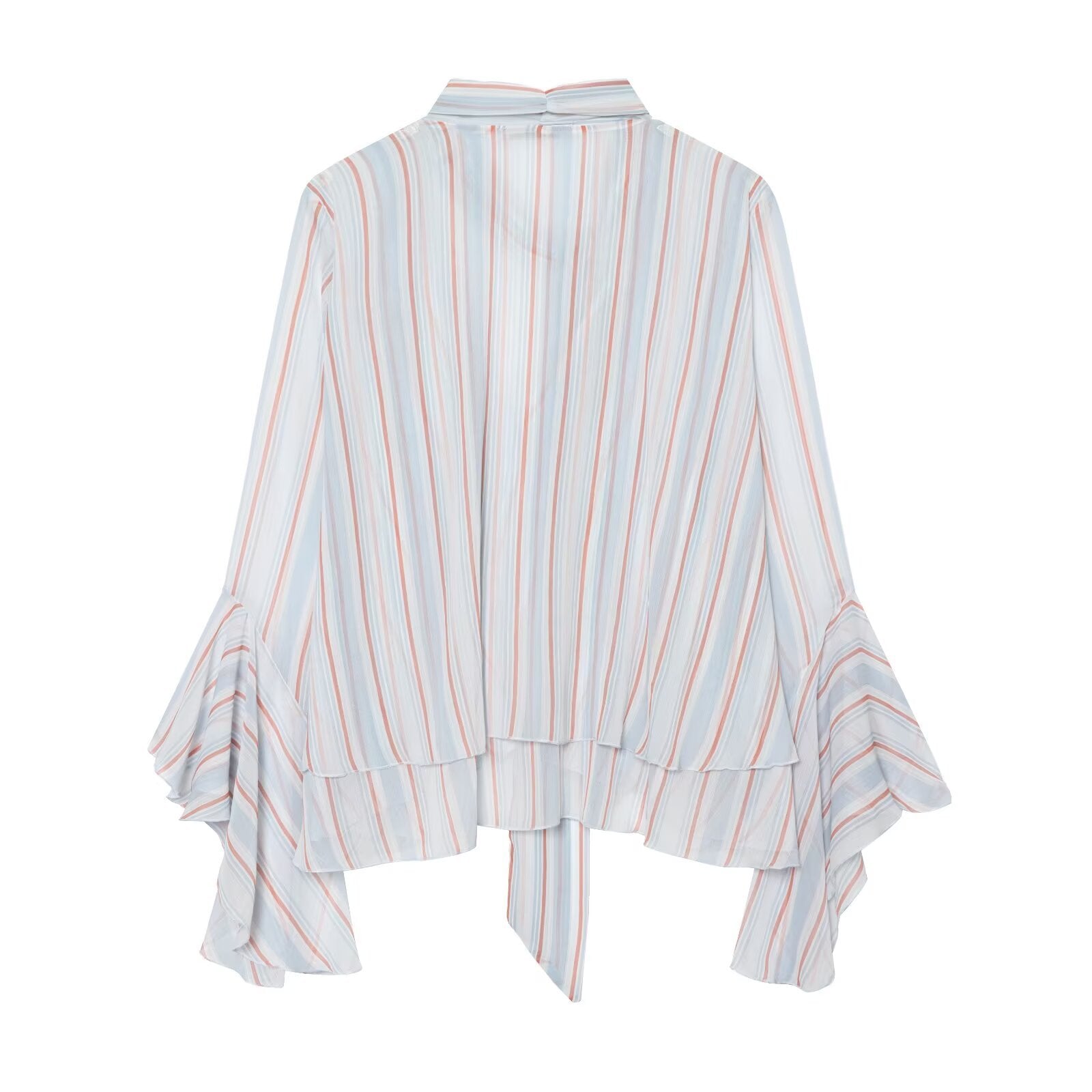 Women Striped Pullover Blouse with Tie and Ruffle Sleeves Chichicherry