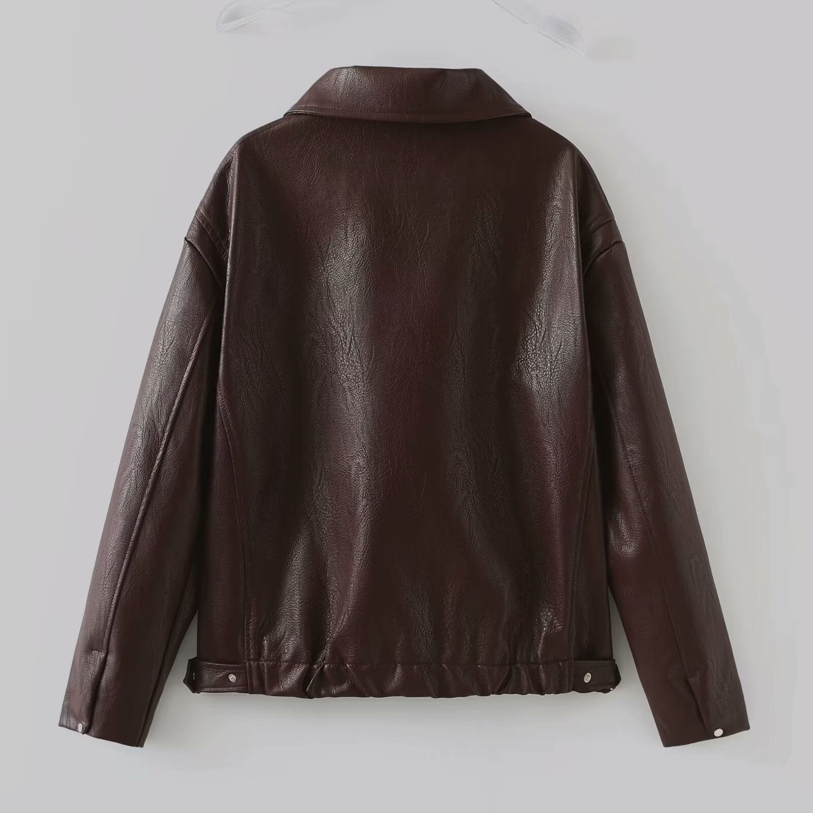 Women Short Oversized Leather Look Jacket with Zipper, Hem Band and Kent Collar Chichicherry