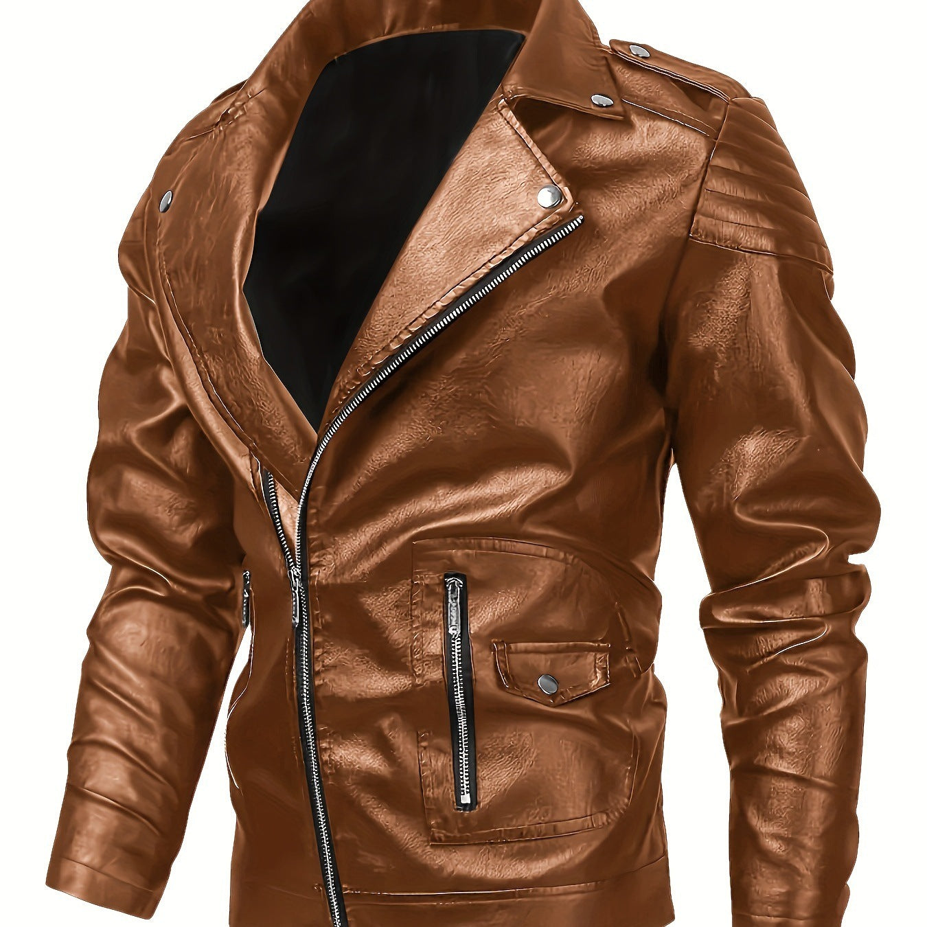 Men's Asymmetrical Biker Jacket made of Faux Leather with Quilted Shoulder Padding and Utility Pockets Chichicherry