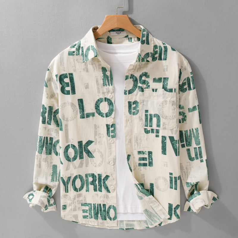 Men's Printed Lightweight Long Sleeve Shirt in Relaxed Fit with Typo Print and Chest Pocket Chichicherry