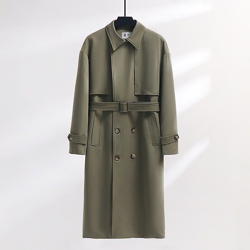 Men's Long Double-Breasted Trench Coat with Waist Belt and Oversized Shawl Collar Chichicherry