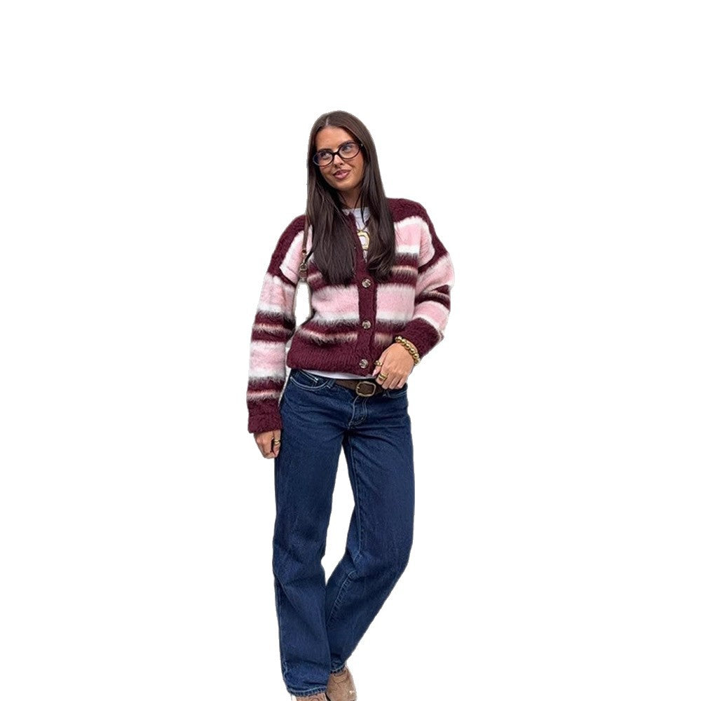 Women's Striped Mohair Blend Knit Cardigan with Button Placket and Cozy Cropped Cut Chichicherry