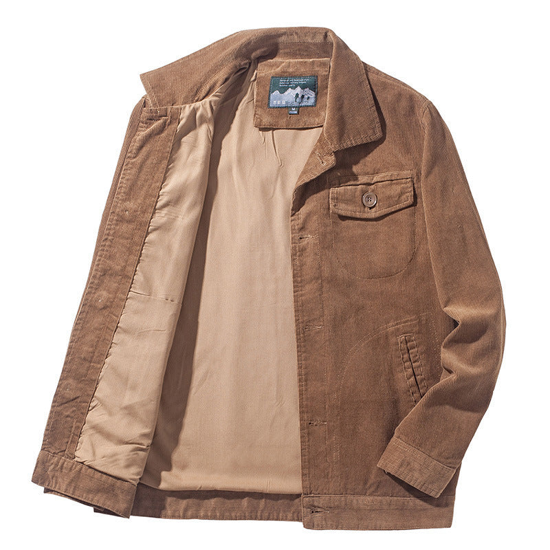 Men's corduroy chore jacket in a worker style with shirt collar and wooden button closure Chichicherry