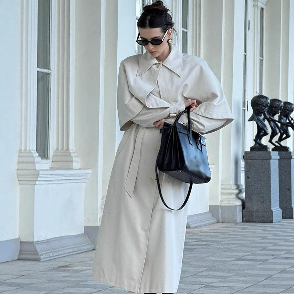 Women's Long Tailored Trench Coat with Detachable Cape and Tied Belt Chichicherry