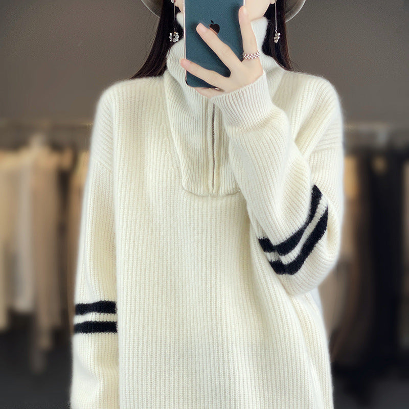 Women's ribbed knit pullover with half zipper, high collar, and casual fit Chichicherry