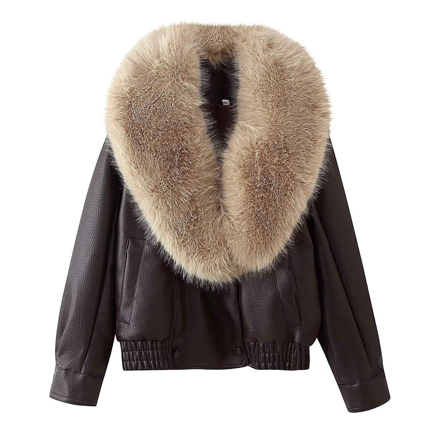 Women's Short-Cut Leather Bomber Jacket with Voluminous Removable Fur Collar Chichicherry