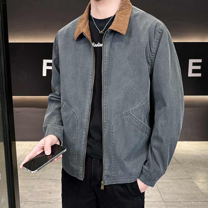 Men's canvas field jacket with cord collar, full-length zipper, and ergonomic seam details Chichicherry