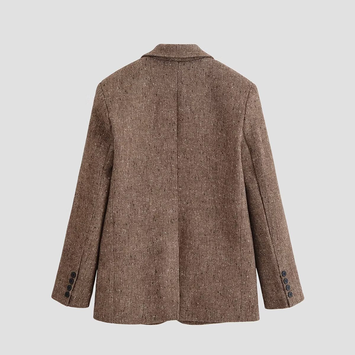 Women's Oversized Tweed Blazer with Herringbone Texture, Flap Pockets and Classic Lapel Chichicherry