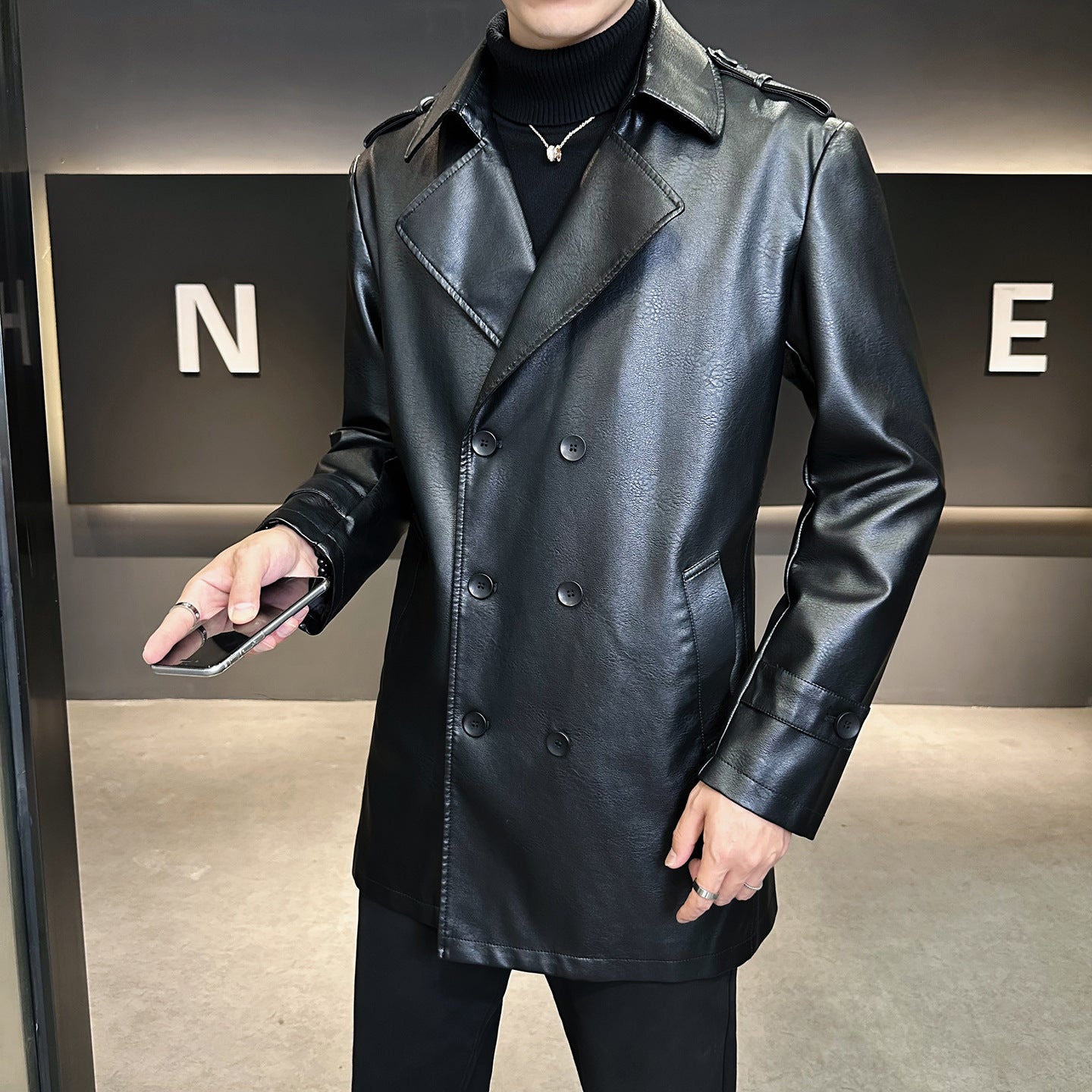 Men's Double-Breasted Faux Leather Trench Coat with Lapel Collar and Epaulettes Chichicherry