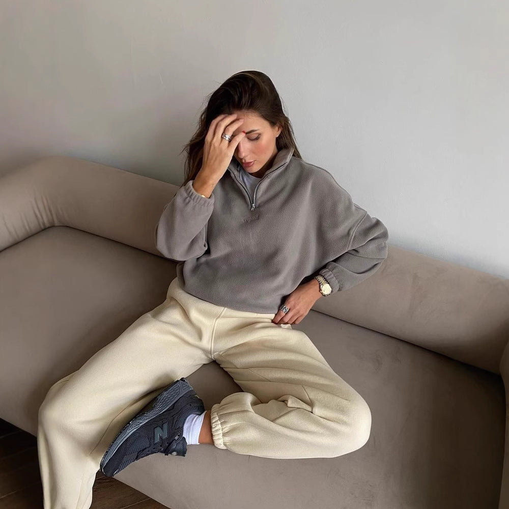 Damen Fleece-Halbzip-Sweatshirt oversized mit Stehkragen, Kängurutasche-Optik und elastischen Bündchen Chichicherry