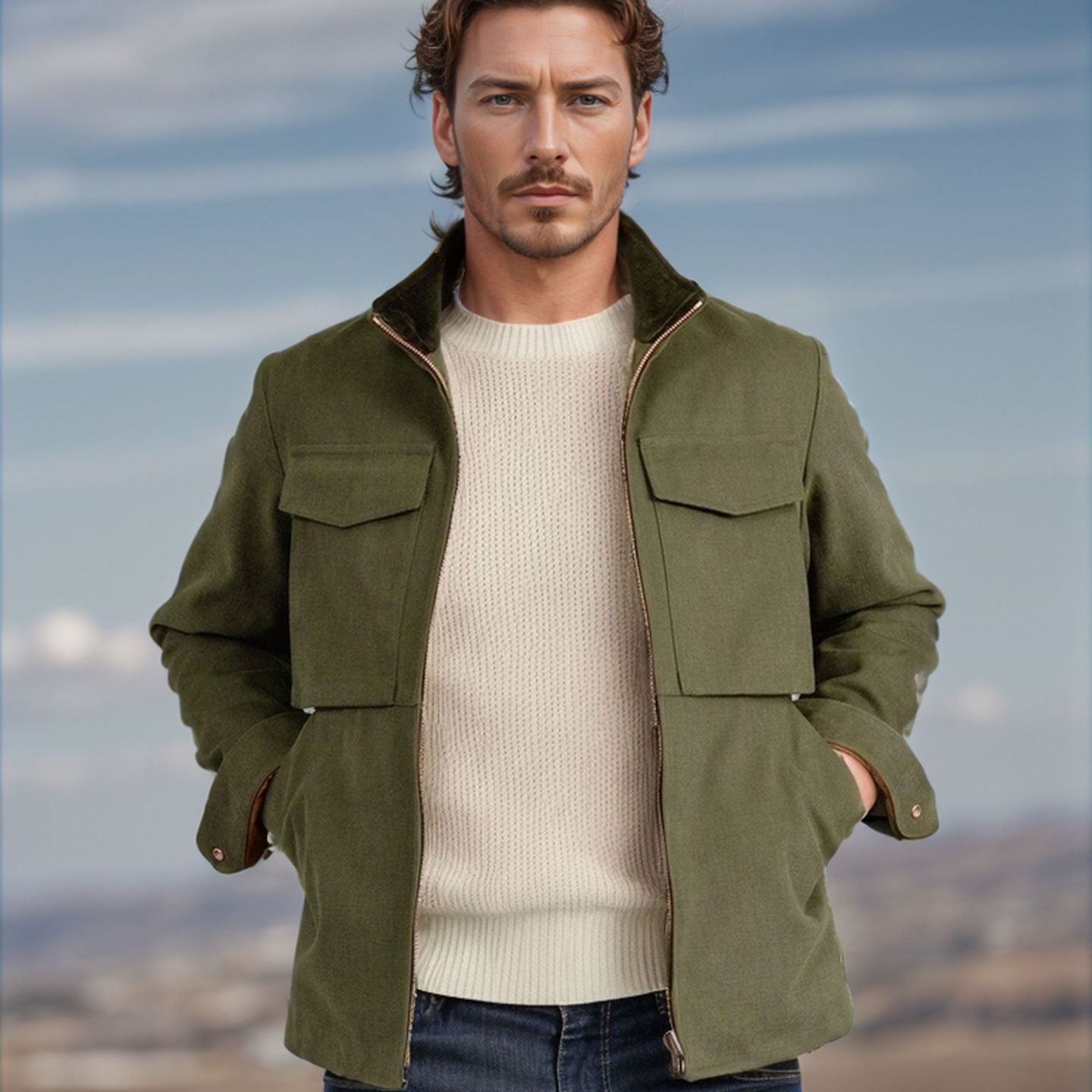 Men's Short Denim Field Jacket with Stand-Up Collar, Zipper, and Applied Chest Pockets Chichicherry